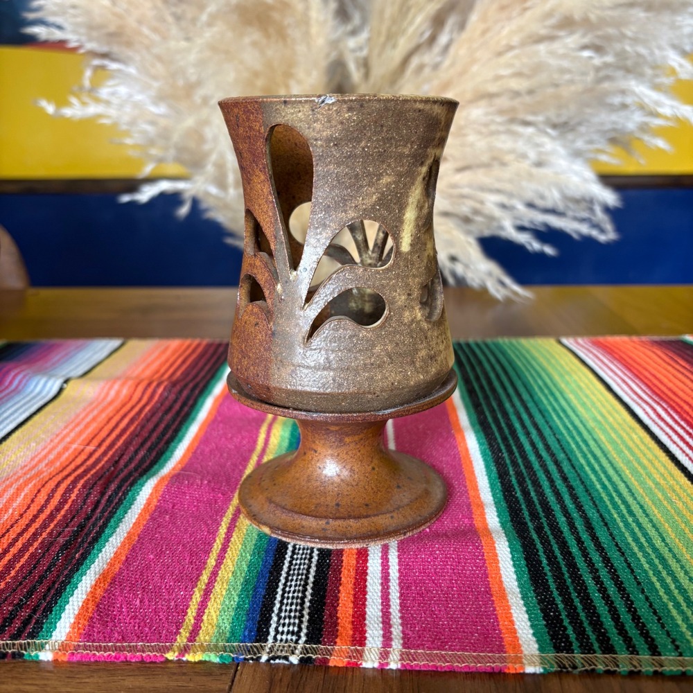 Studio Pottery Cutout Candle Holder‎ Earthy Brown Stoneware Pedestal Votive